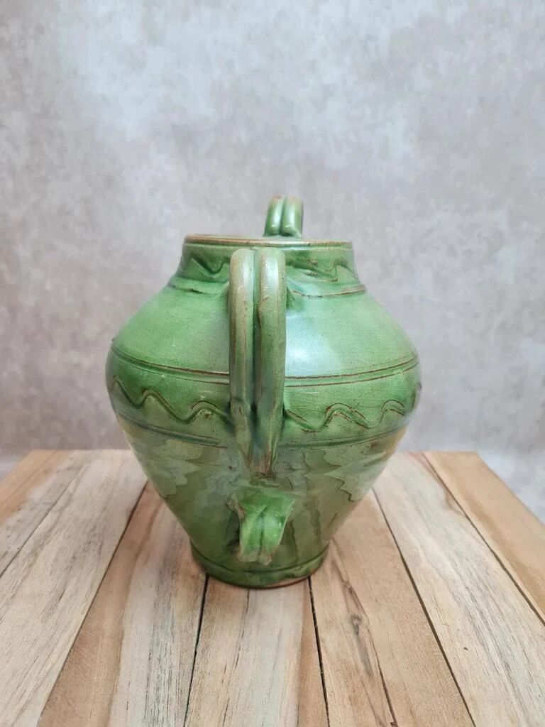 Potiche / cruche en grès vernissé vert – style artisanal vintage
