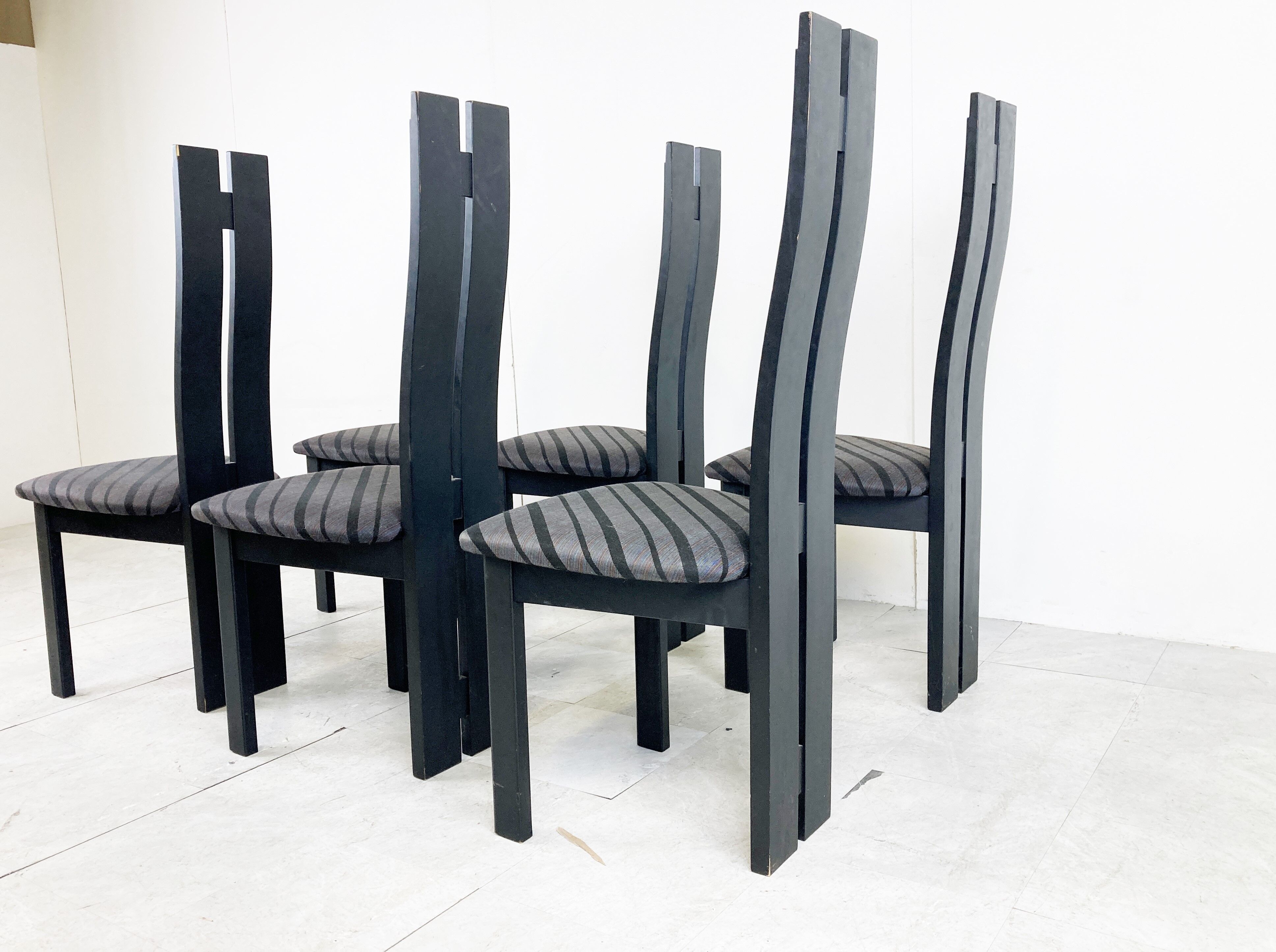 Set of 6 black wooden high back dining chairs - 1980s