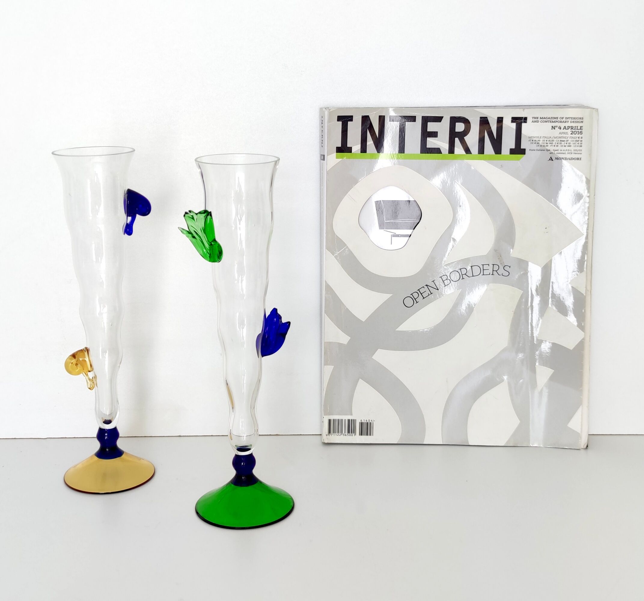 Pair of Postmodern Transparent Wine Glasses with Colored Details, Italy 1980s