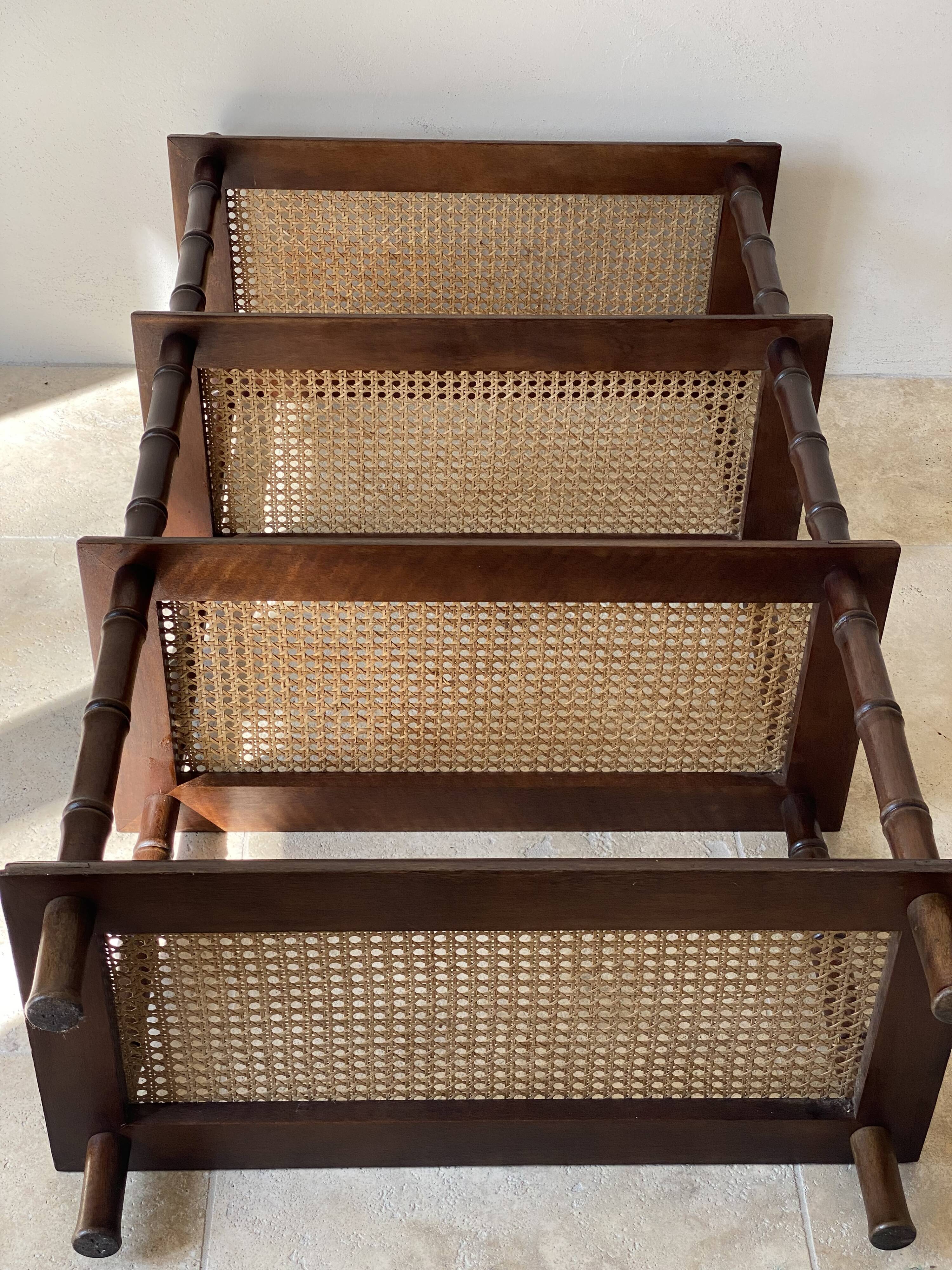 Vintage wooden shelf with cane, colonial style, 4 levels.