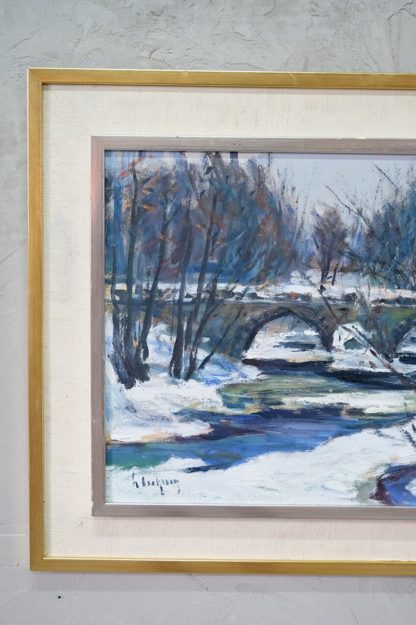 Gideon isaksson (1911-1980), scandinavian modern landscape, 1960s, oil on panel, framed