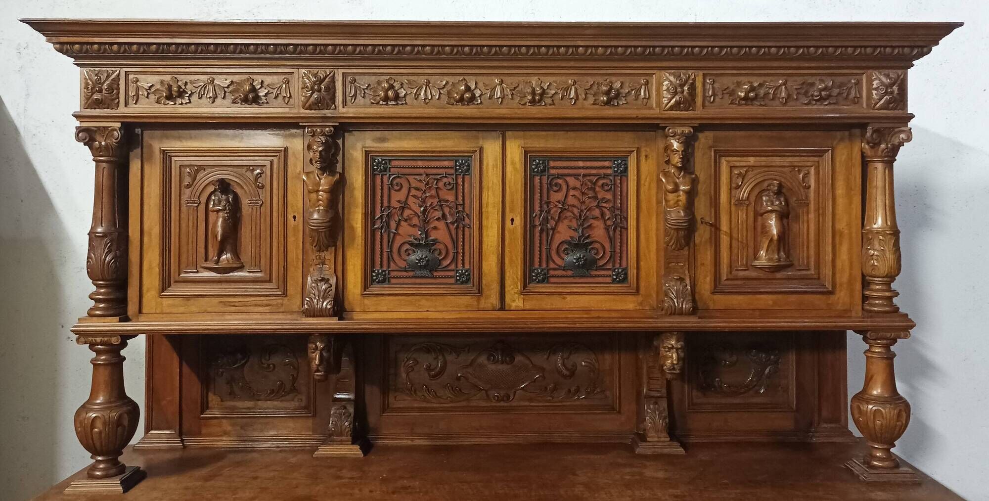 19th-century Renaissance walnut two-body buffet