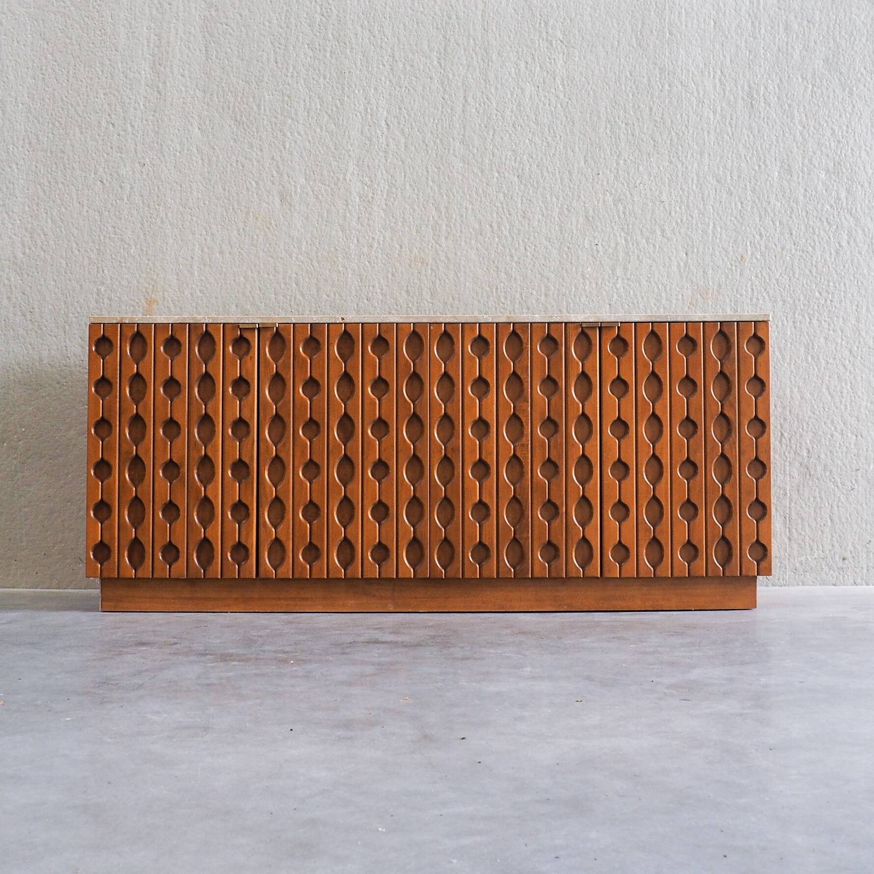 Contemporary Brutalist Carved Wood Sideboard With Travertine Top In review