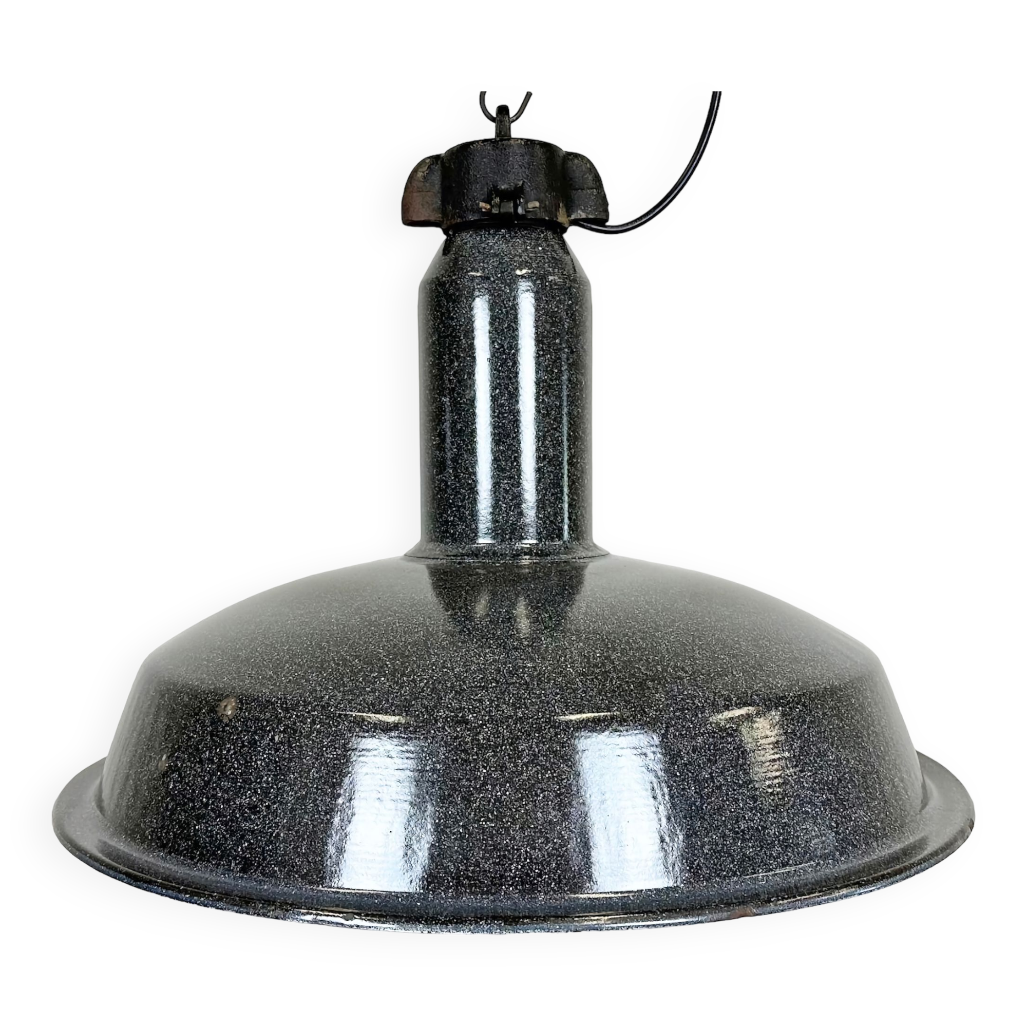 Large Industrial Grey Enamel Factory Lamp with Cast Iron Top, 1960s