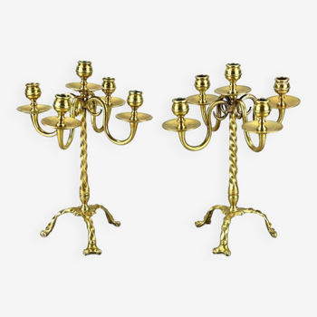 18th - 19th Century Two brass candlesticks H 32 cm.