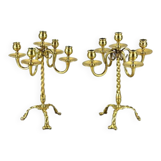 18th - 19th Century Two brass candlesticks H 32 cm.