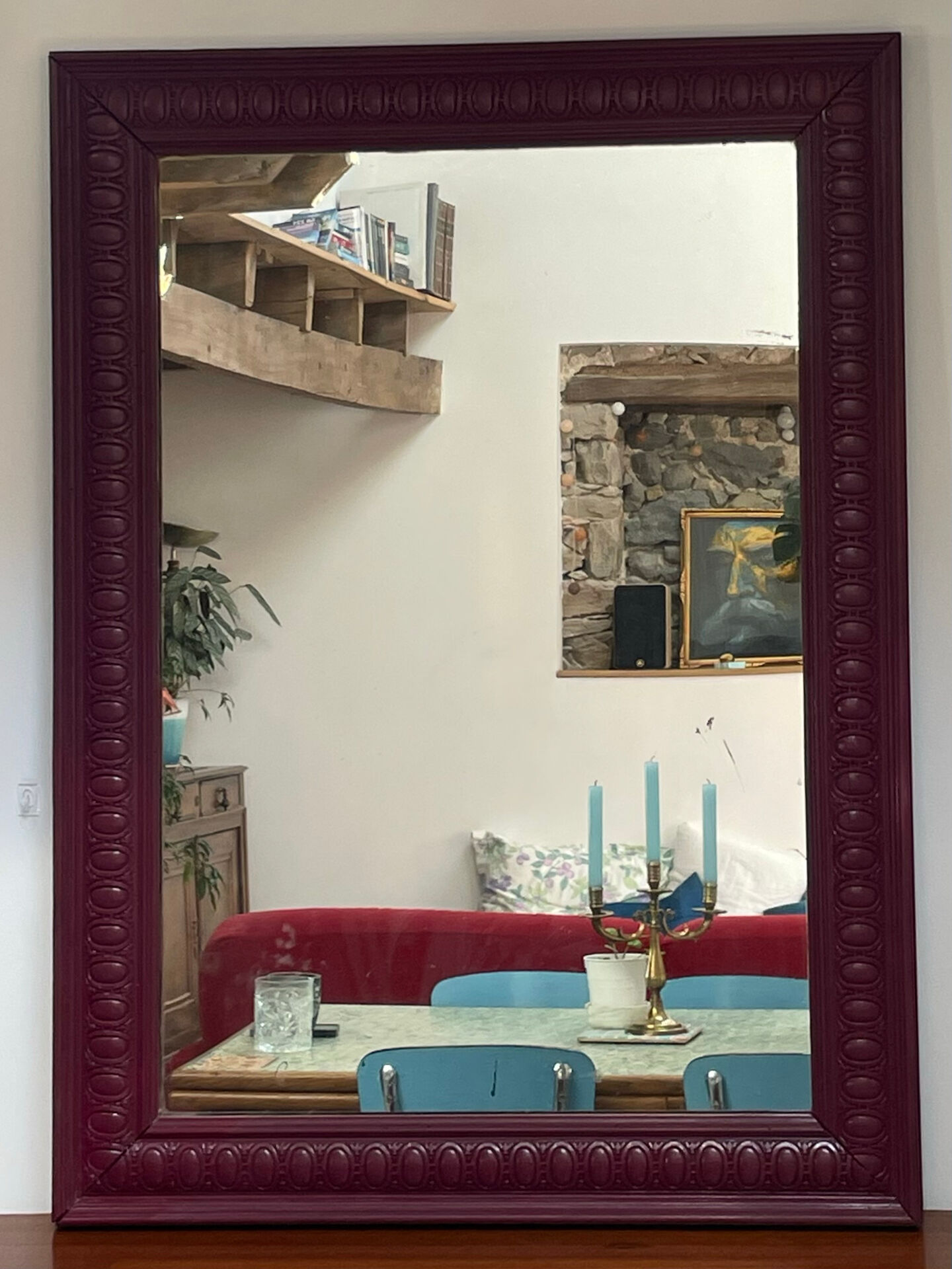 Large antique moulded mirror in wine red / plum (101 x 74 cm)