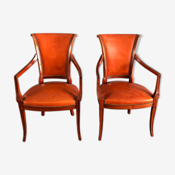 Pair of Italian empire-style neoclassical armchairs in walnut and leather