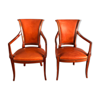 Pair of Italian empire-style neoclassical armchairs in walnut and leather