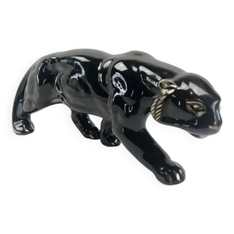 Black and gold tiger lioness statue Art Deco 1930 cracked Saint Clément