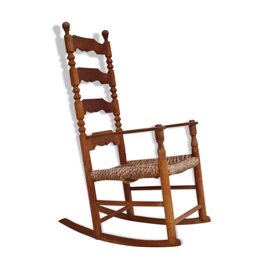 Rocking-chair, bois de chêne, fibre naturelle | Selency
