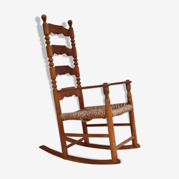 Rocking-chair, bois de chêne, fibre naturelle