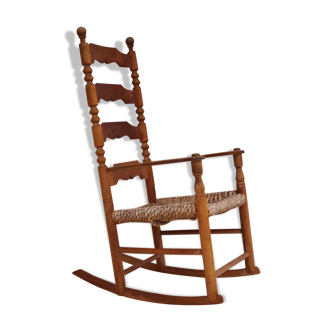 Rocking-chair, bois de chêne, fibre naturelle