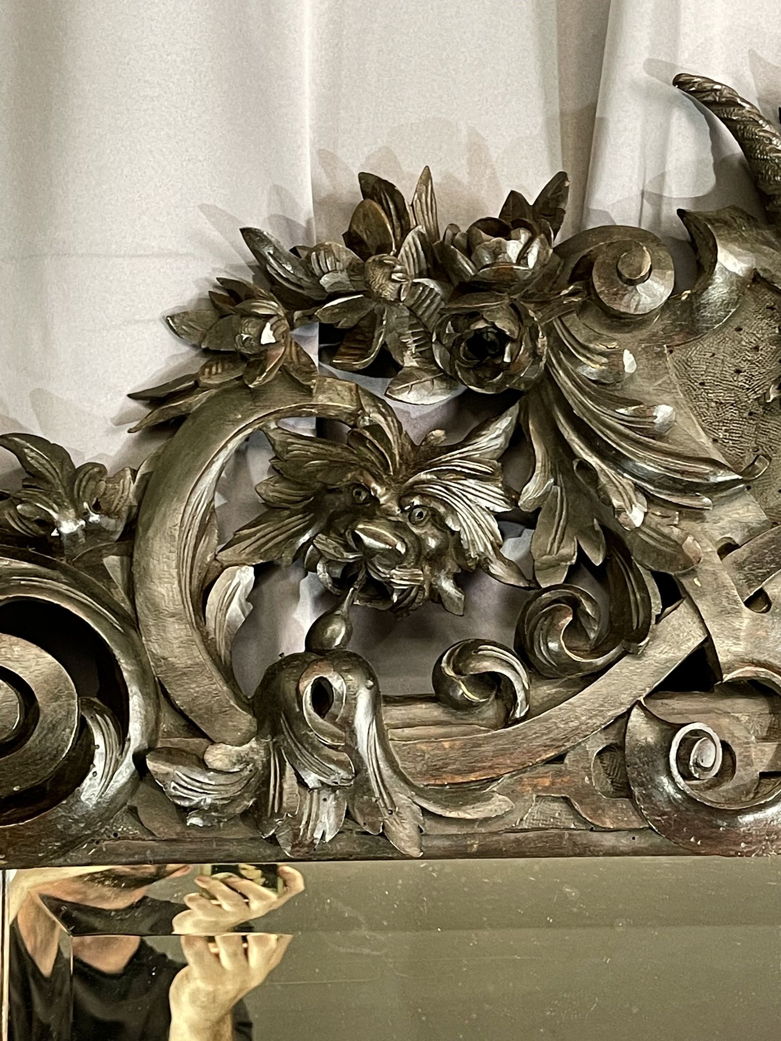 Mirror 191x122 cm period XIXth in natural wood, decoration of chimeras, satyrs