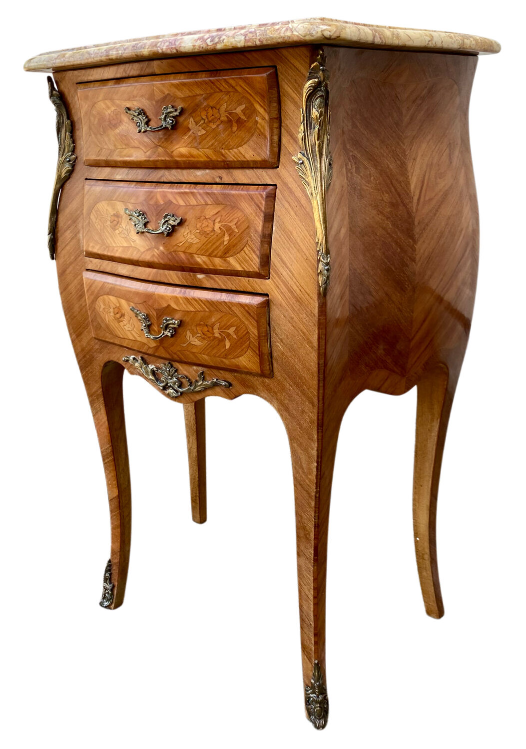 Pair of bedside tables in marquetry – veined marble top – Louis XV style