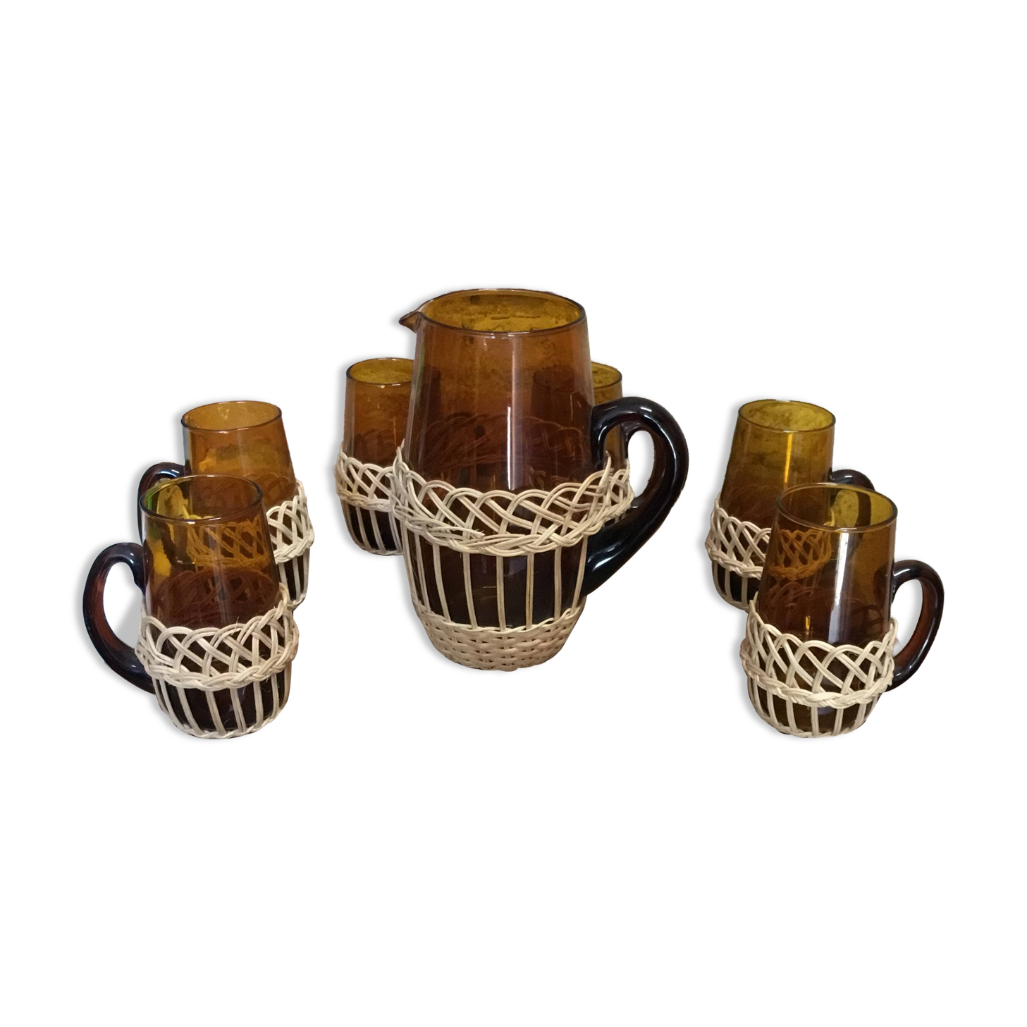 Service a orangeade verre marron et osier