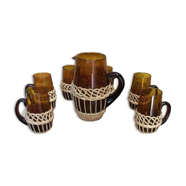 Service a orangeade verre marron et osier