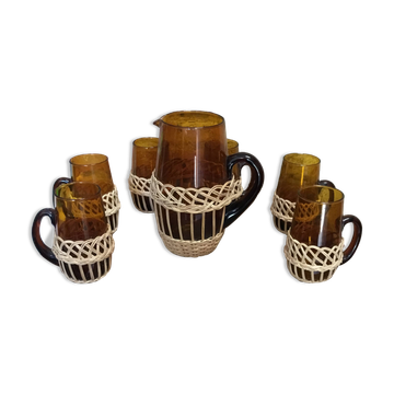 Service a orangeade verre marron et osier