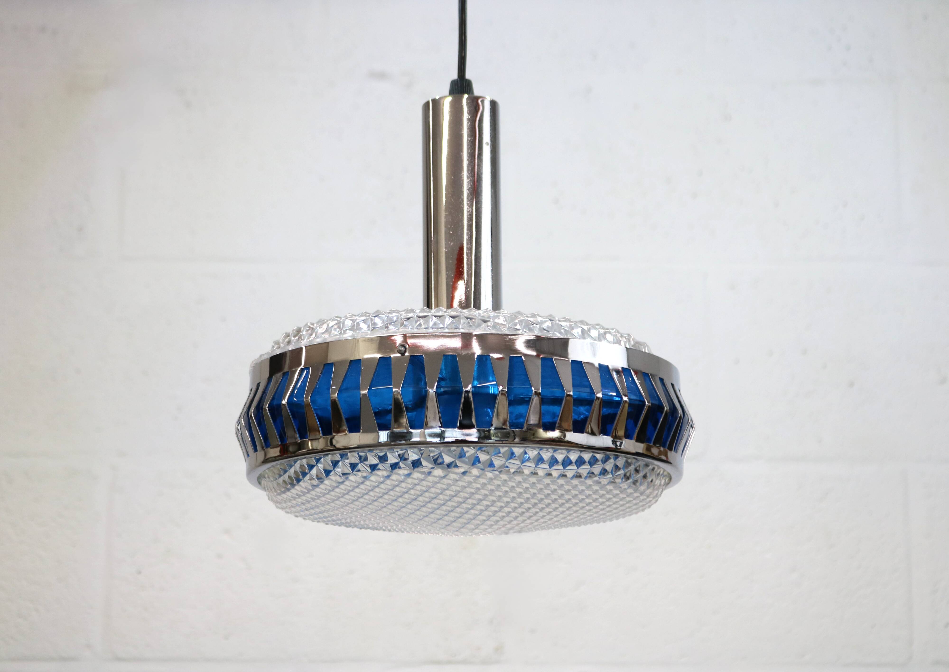 Vintage Chrome & Blue Pendant Lamp - 1970s Massive Belgium Lighting