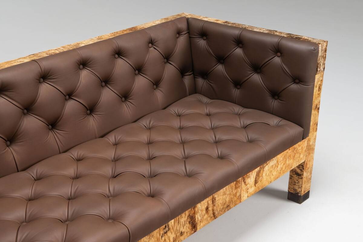 Werner Neumann sculptural birchwood sofa in birch bark and leather, The Netherlands