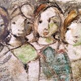 Mid-century modern swedish "the children" figurative framed oil painting