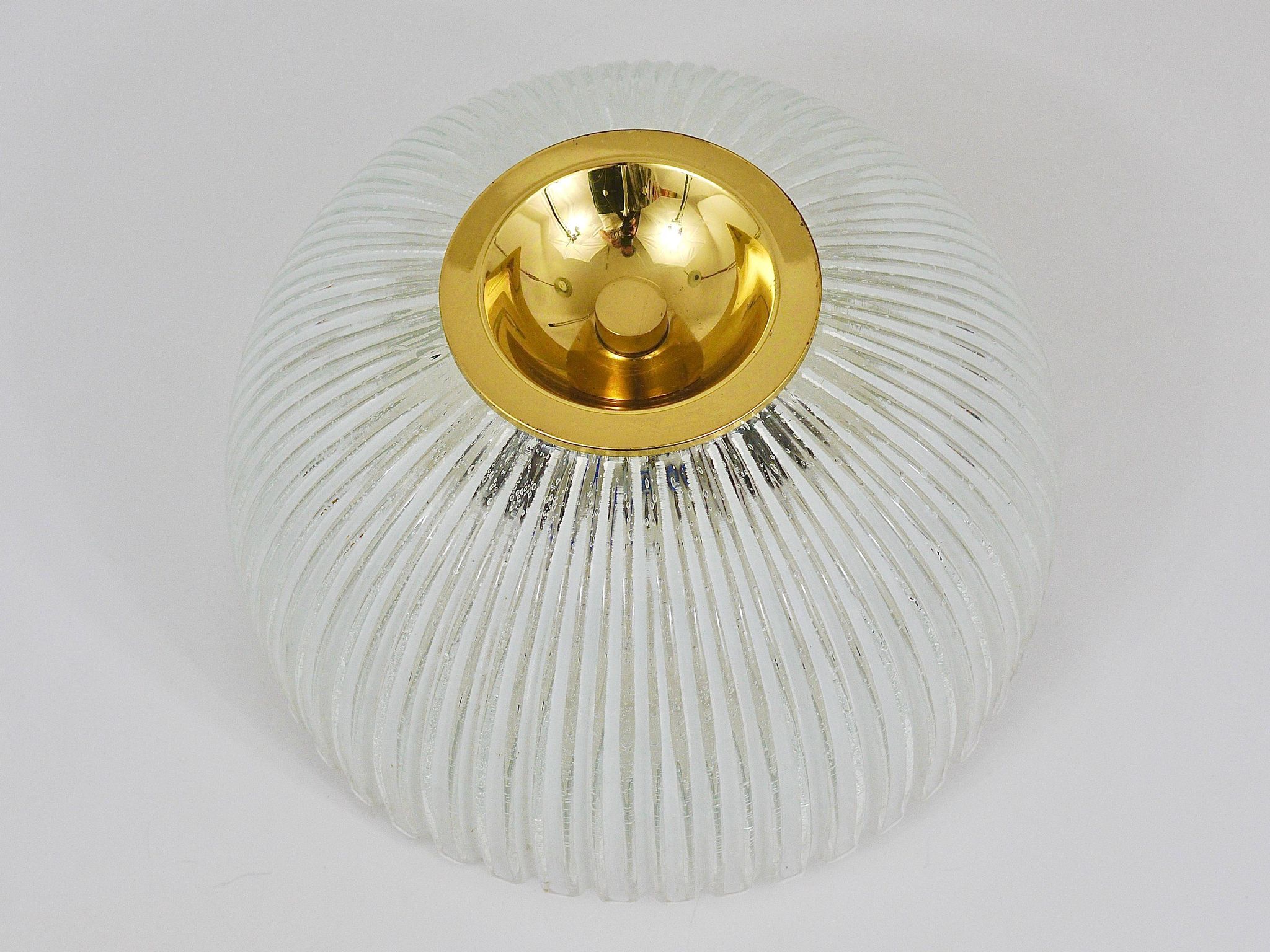 Large striped glass ceiling lamp in brass, Limburg, Germany, 1970s.