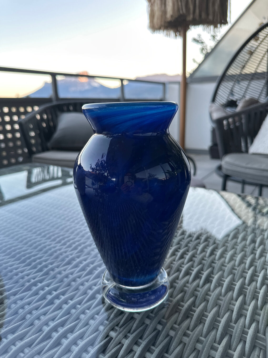 Cobalt blue glass vase, signed, glass art piece.