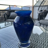 Cobalt blue glass vase, signed, glass art piece.