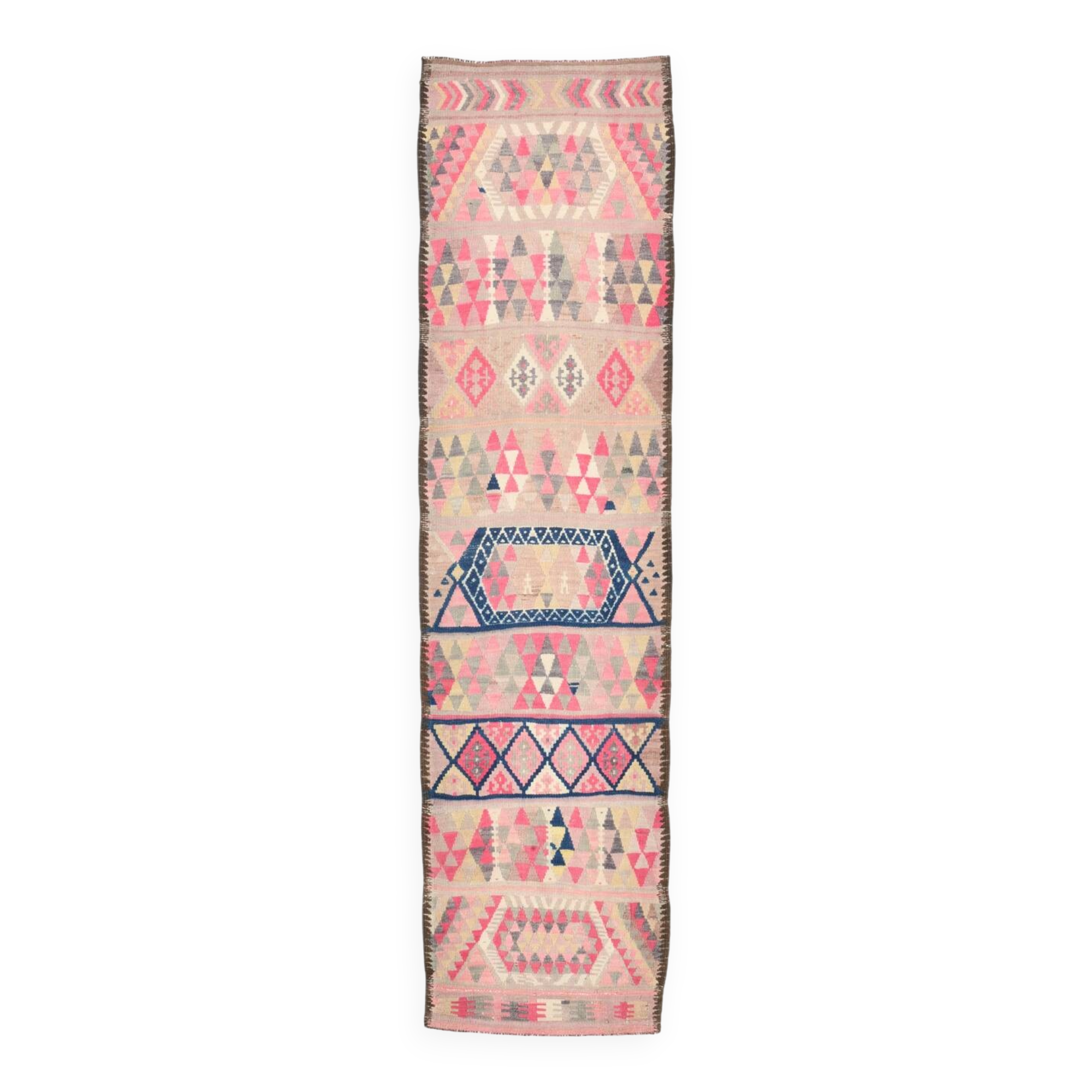 Pink & Navy Blue. Turkish Runner Rug, 90x350Cm