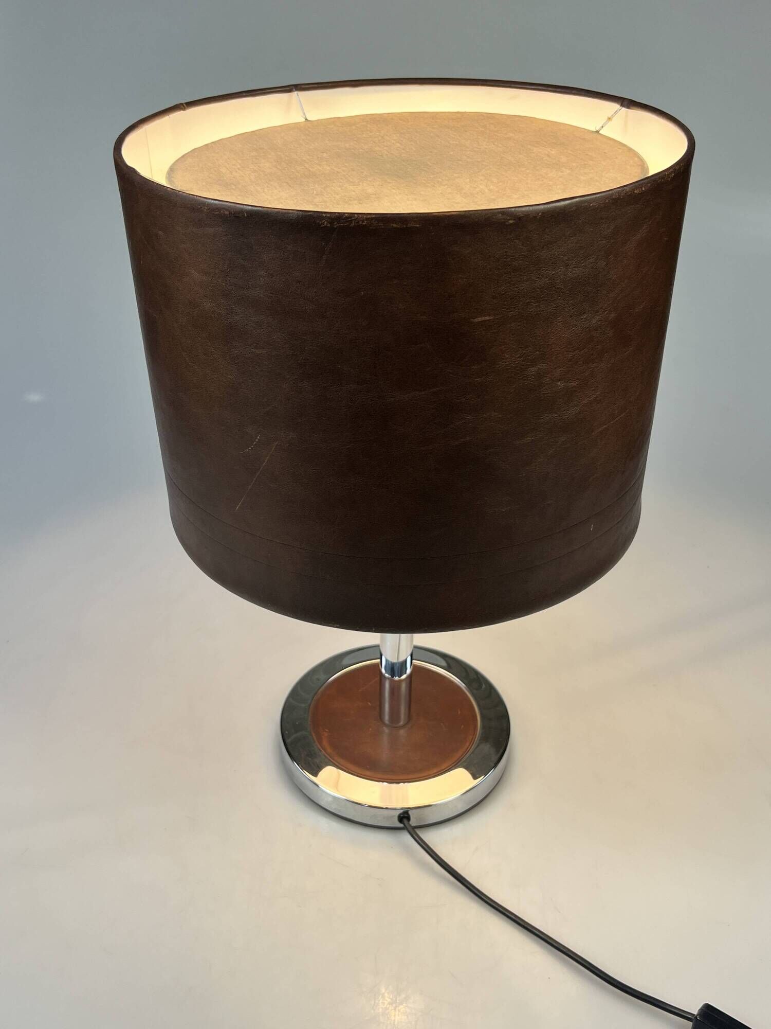 Vintage Table Lamp, Chromed Base and Leather Shade. 1970's