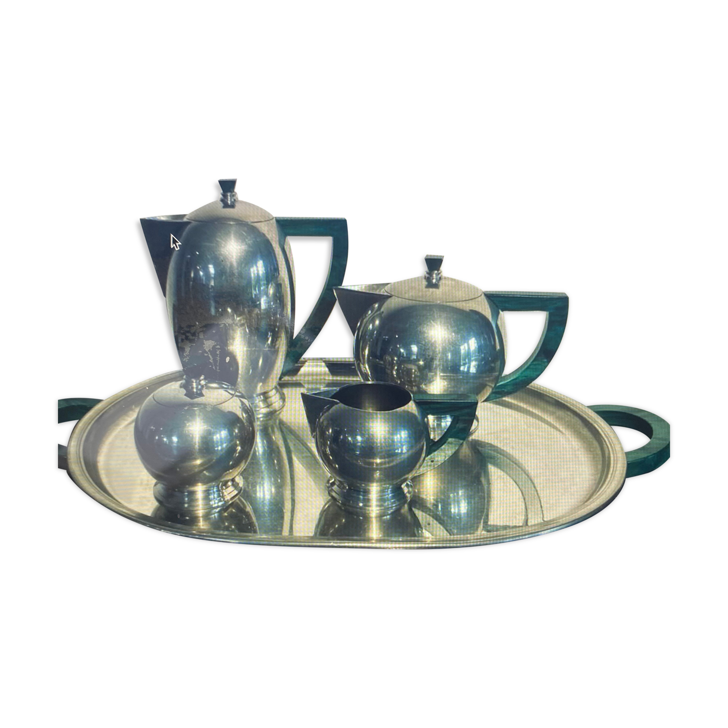 Tea service and coffee art deco handmade, solid tin and malachite