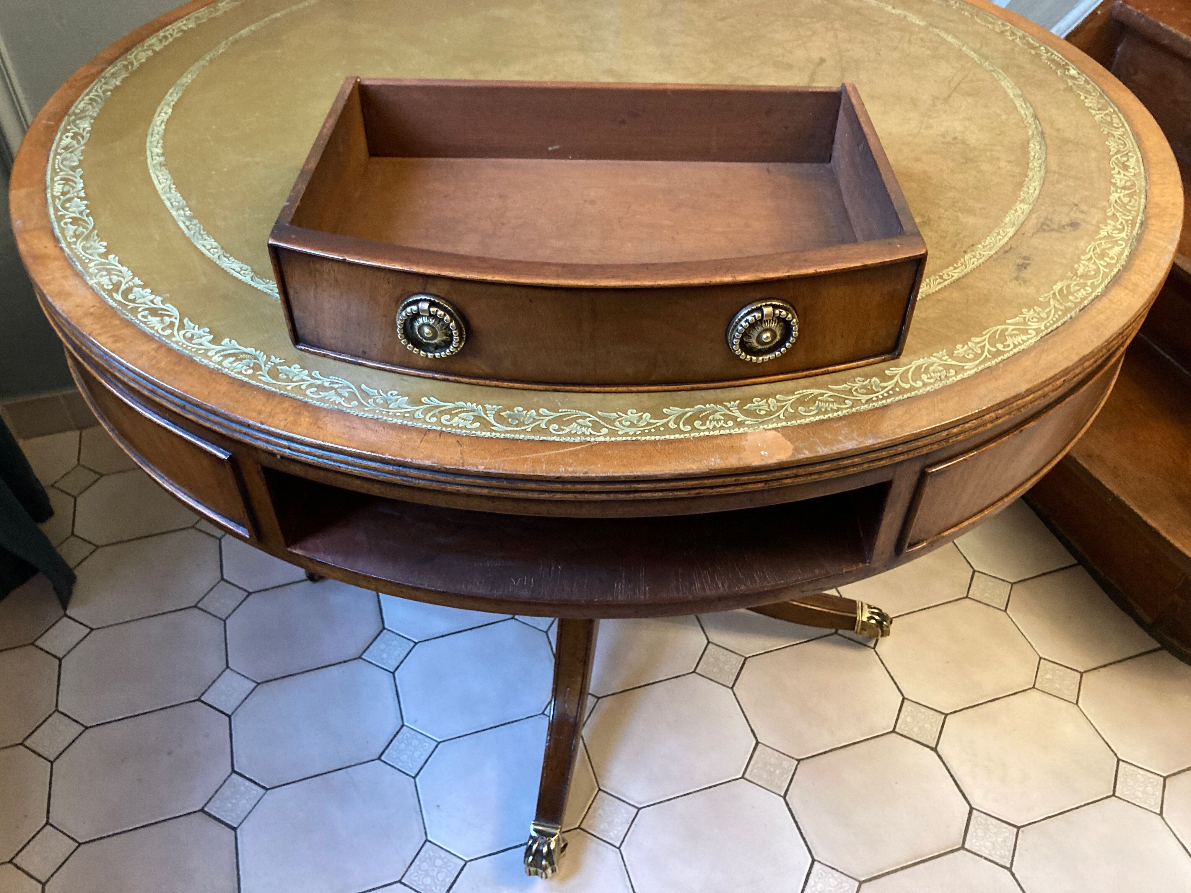 Old drum table 1900 cherry leather and brass