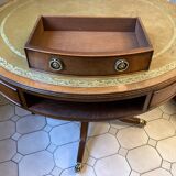 Table tambour 1900  merisier cuir et laiton