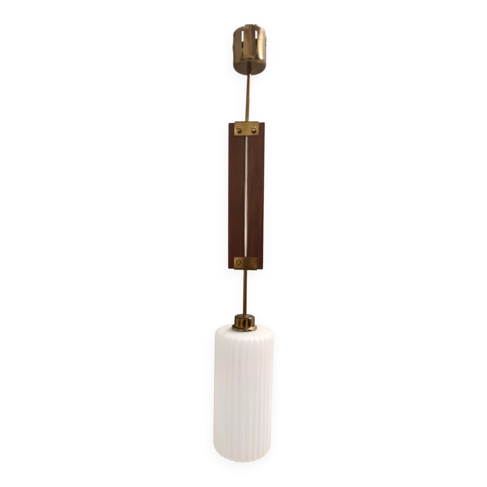 Vintage Glazed Opaline Glass, Teak and Brass Pendant, Italy