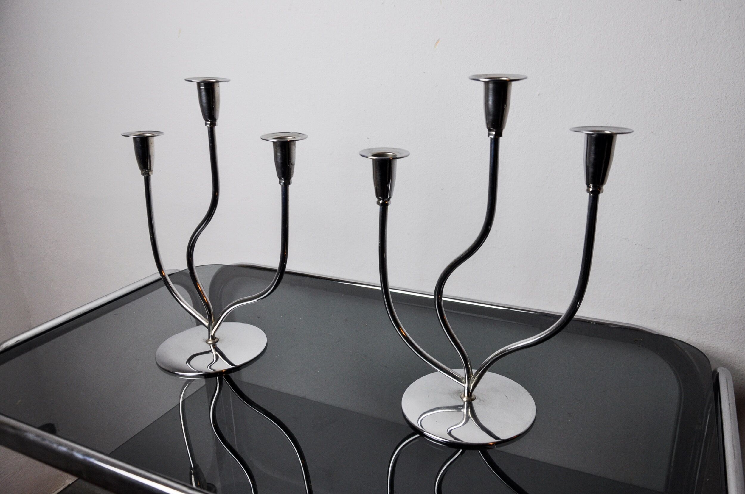 Pair of art deco candlesticks in stainless steel 3 flames, Spain, 1970