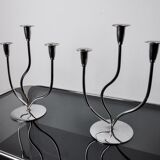 Pair of art deco candlesticks in stainless steel 3 flames, Spain, 1970