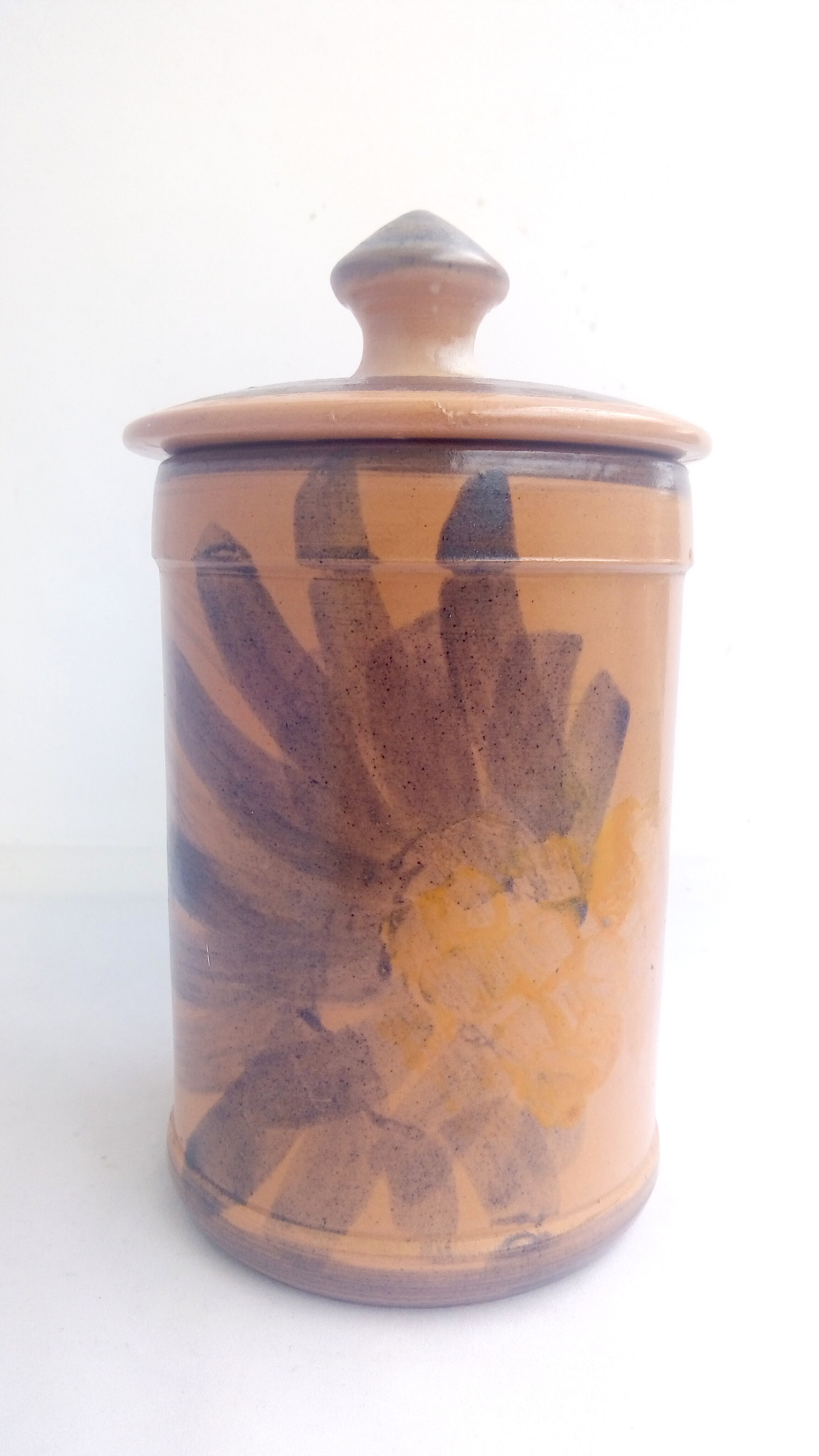 Terracotta ceramic pot with blue flowers