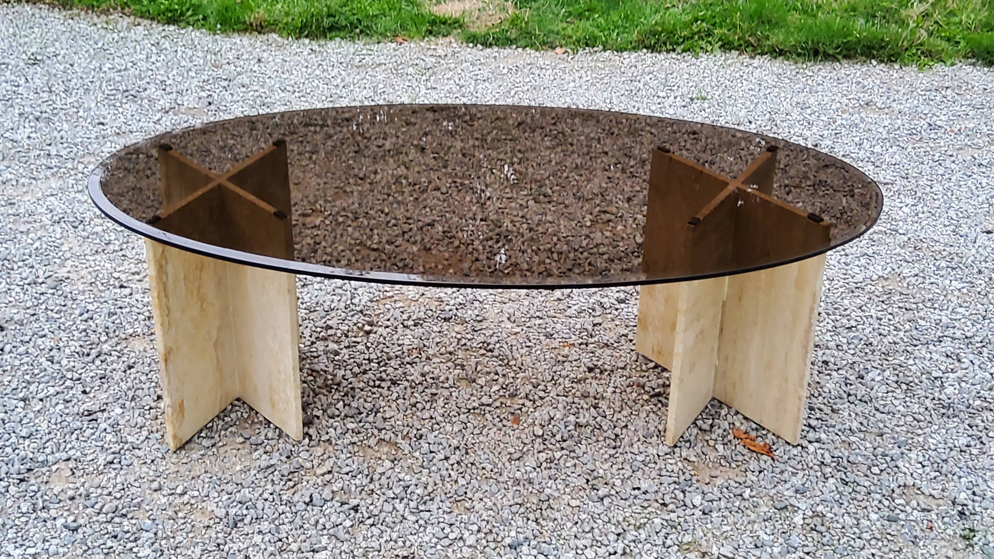 70s travertine and smoked glass designer coffee table