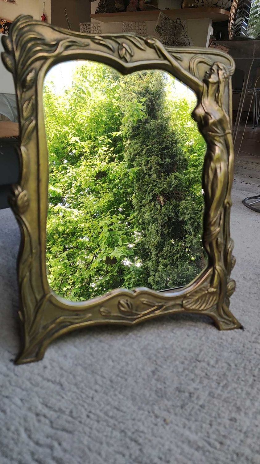 Brass table mirror, art nouveau, lady figurine/foliage, wheat ears