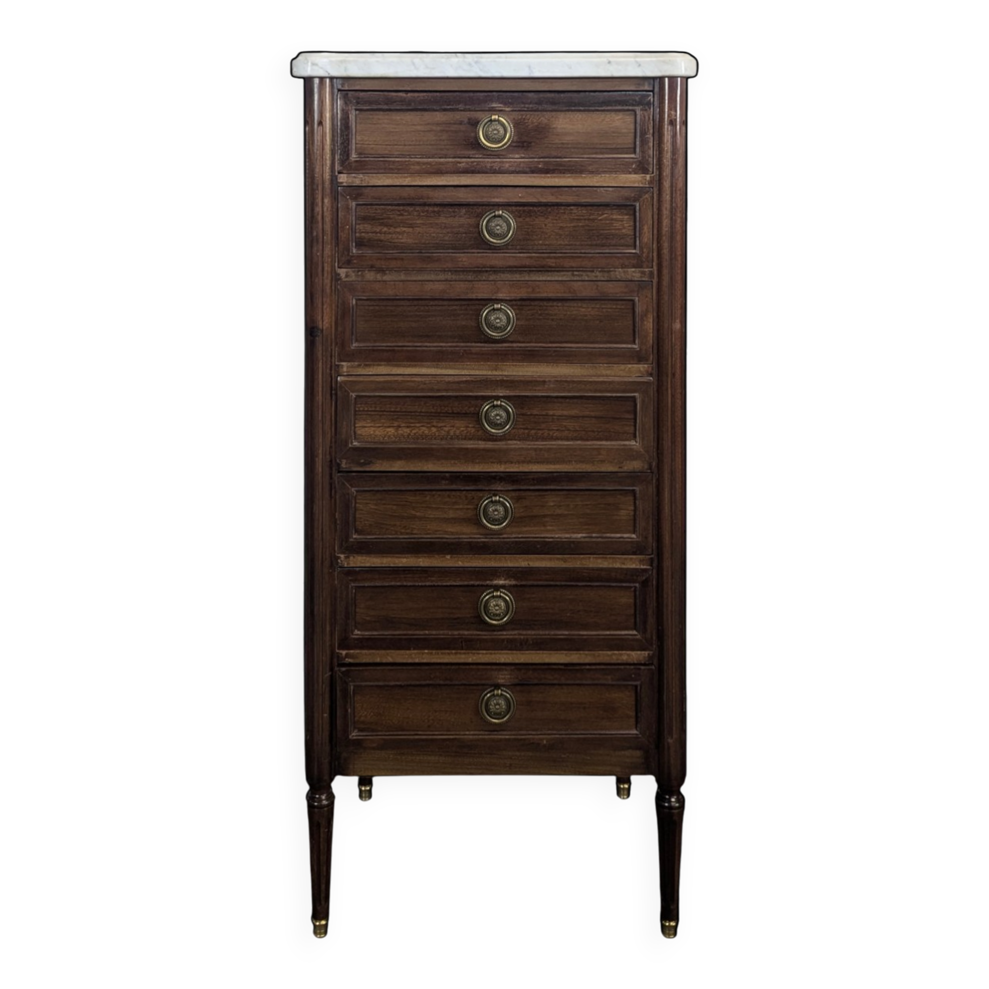 Louis XVI style chest of drawers in mahogany and Carrara marble