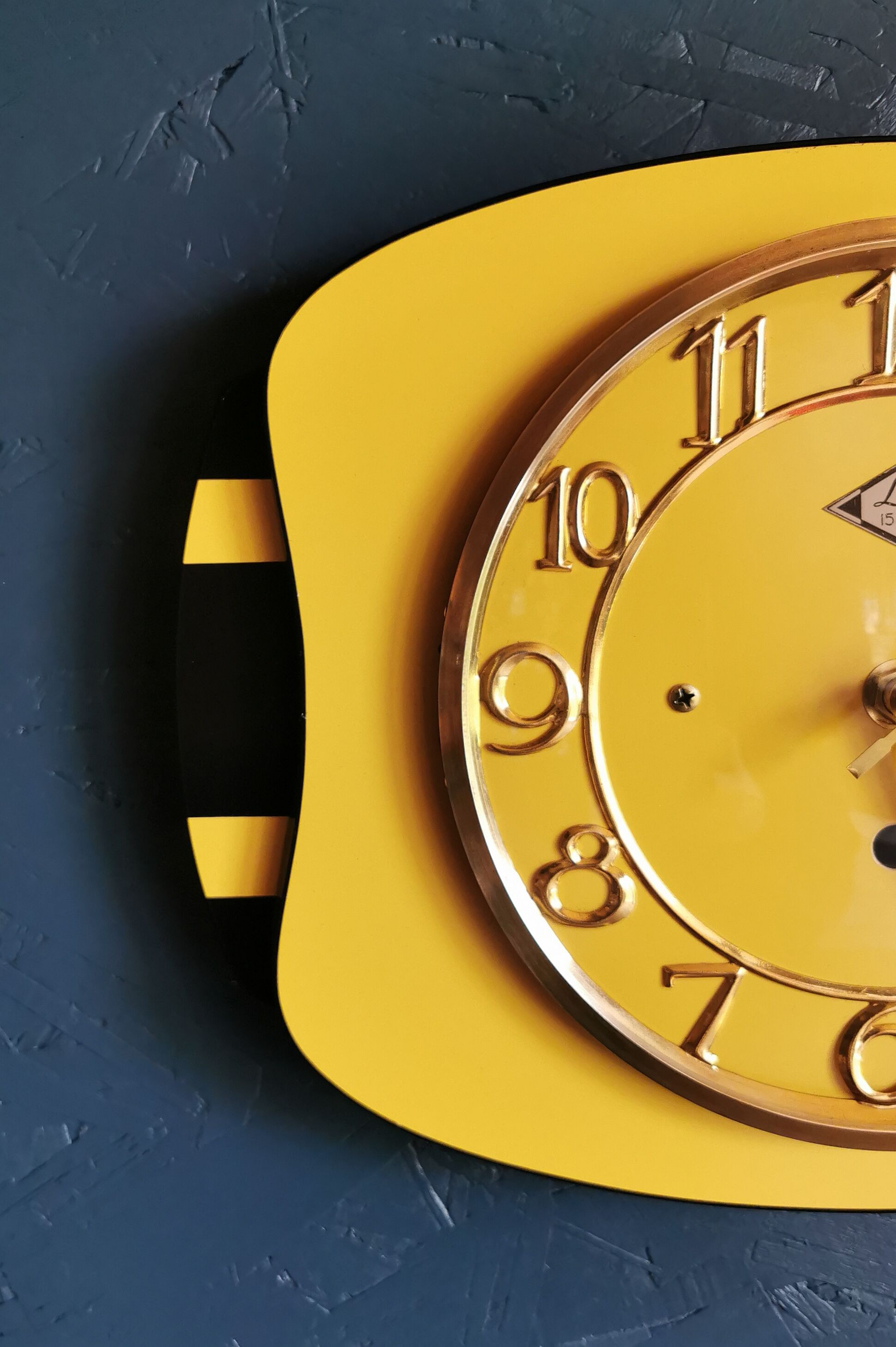 Vintage formica clock rectangular silent wall clock "Lora yellow black"