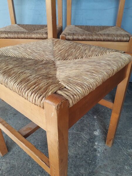 Set de 4 chaises estampillées design bois et paille epoque 1960/70