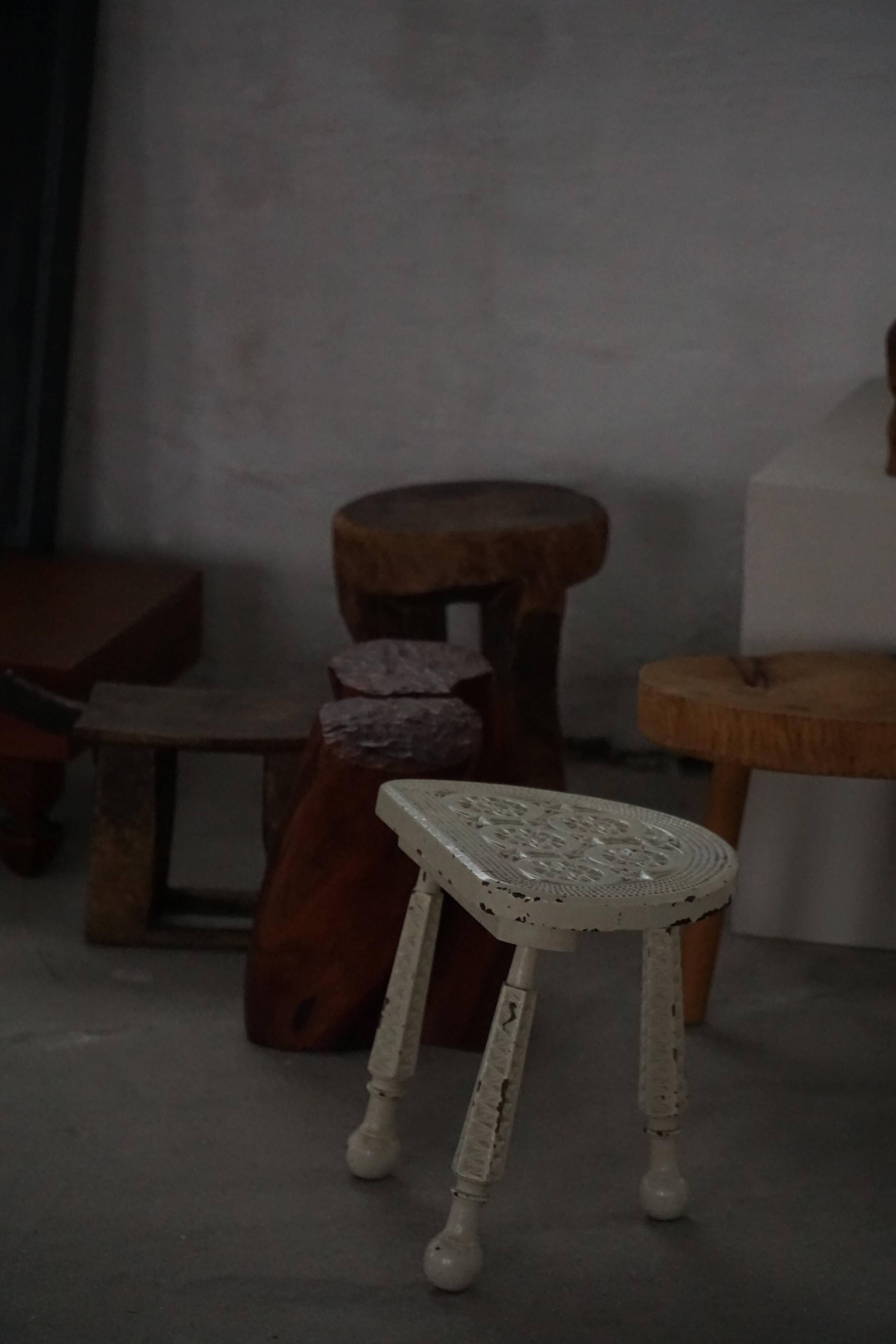 Tripod wooden stool with carved details, early 20th century Danish, 1930s.