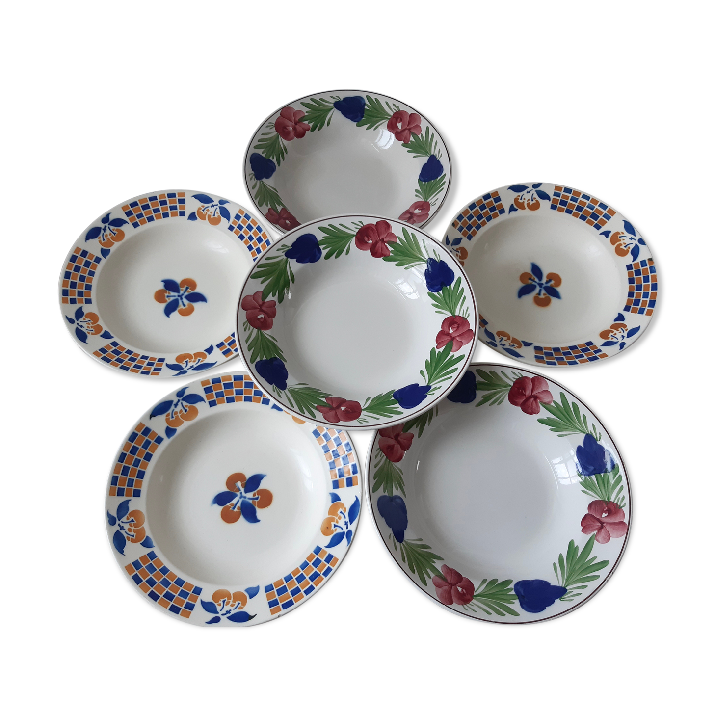 Set of 6 mismatched old hollow plates