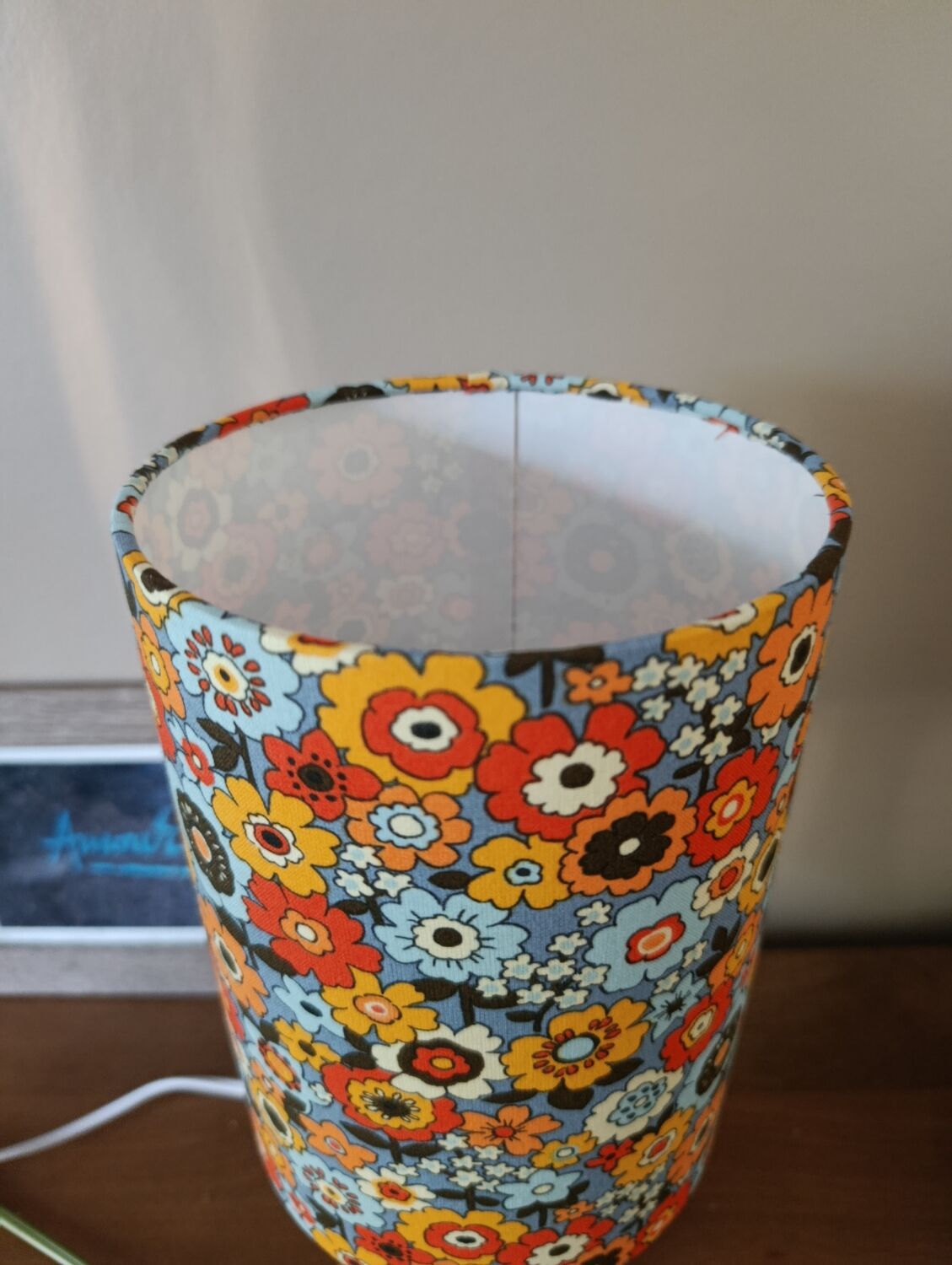 vintage white metal lamp, 70's flower power style shade