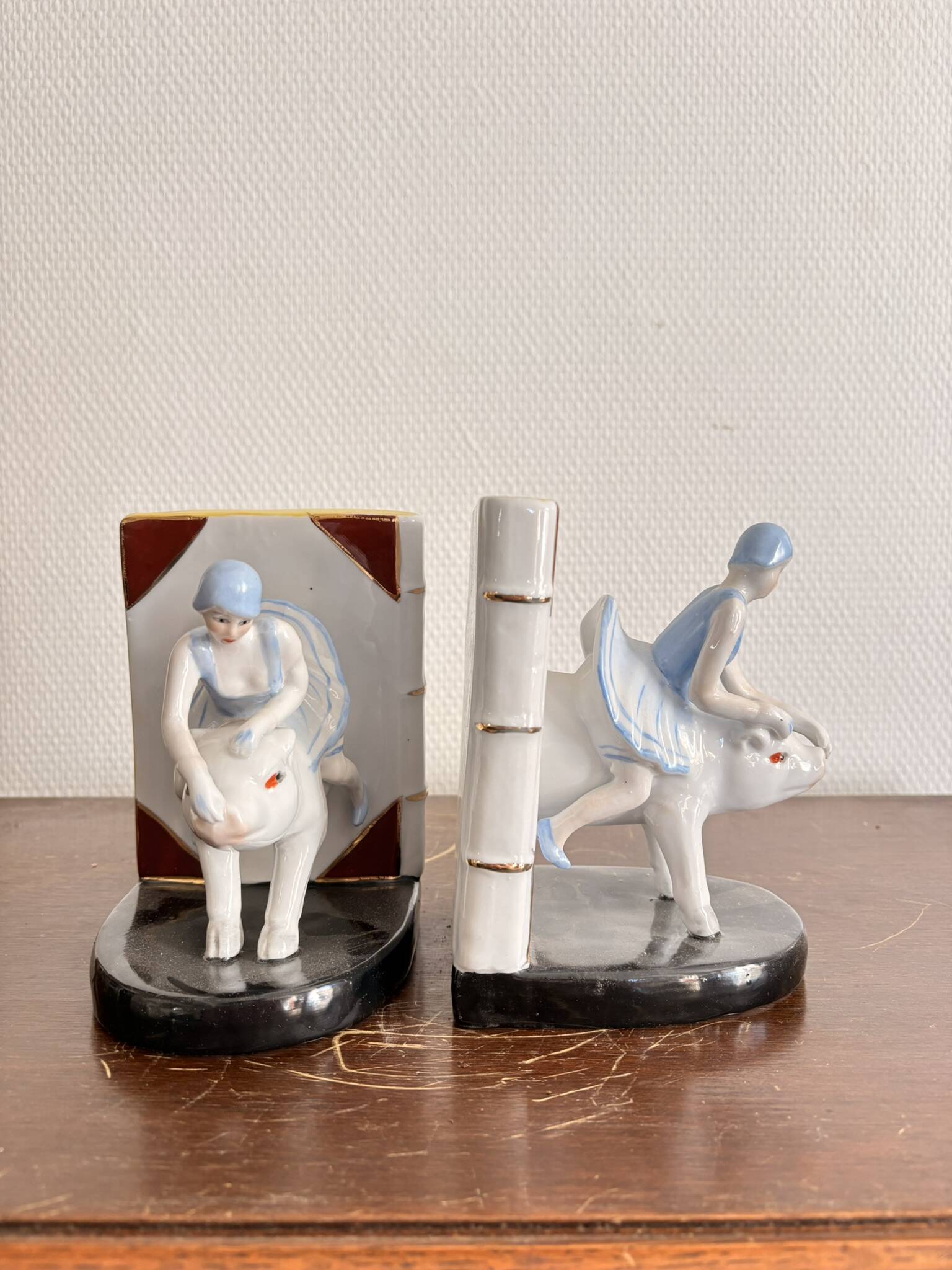 Old Pair of Bookends Porcelain White Girl Woman Equestrian Pig Art