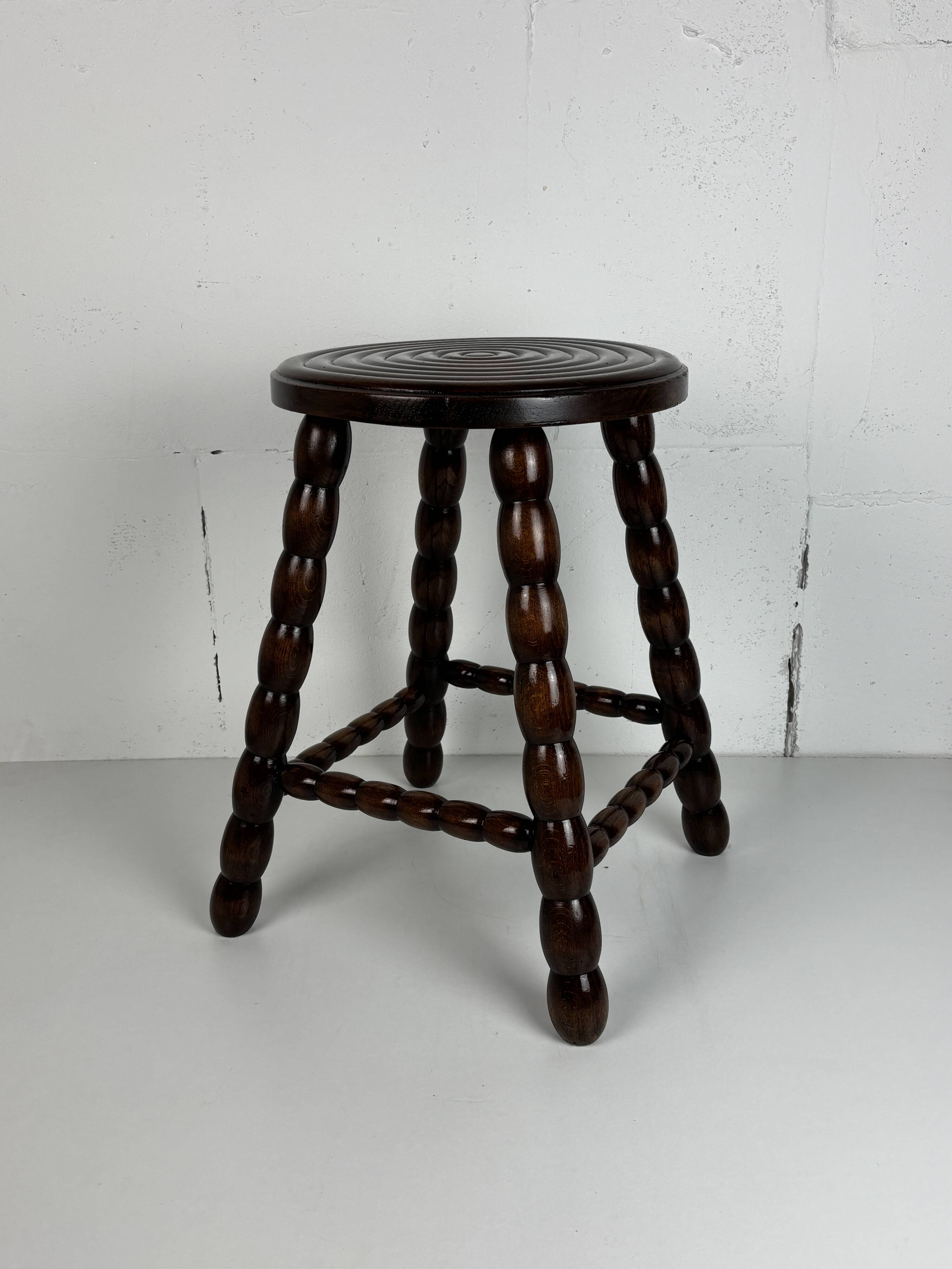 Midcentury bobbin wood turned stool, Charles Dudouyt style, France, 1950s