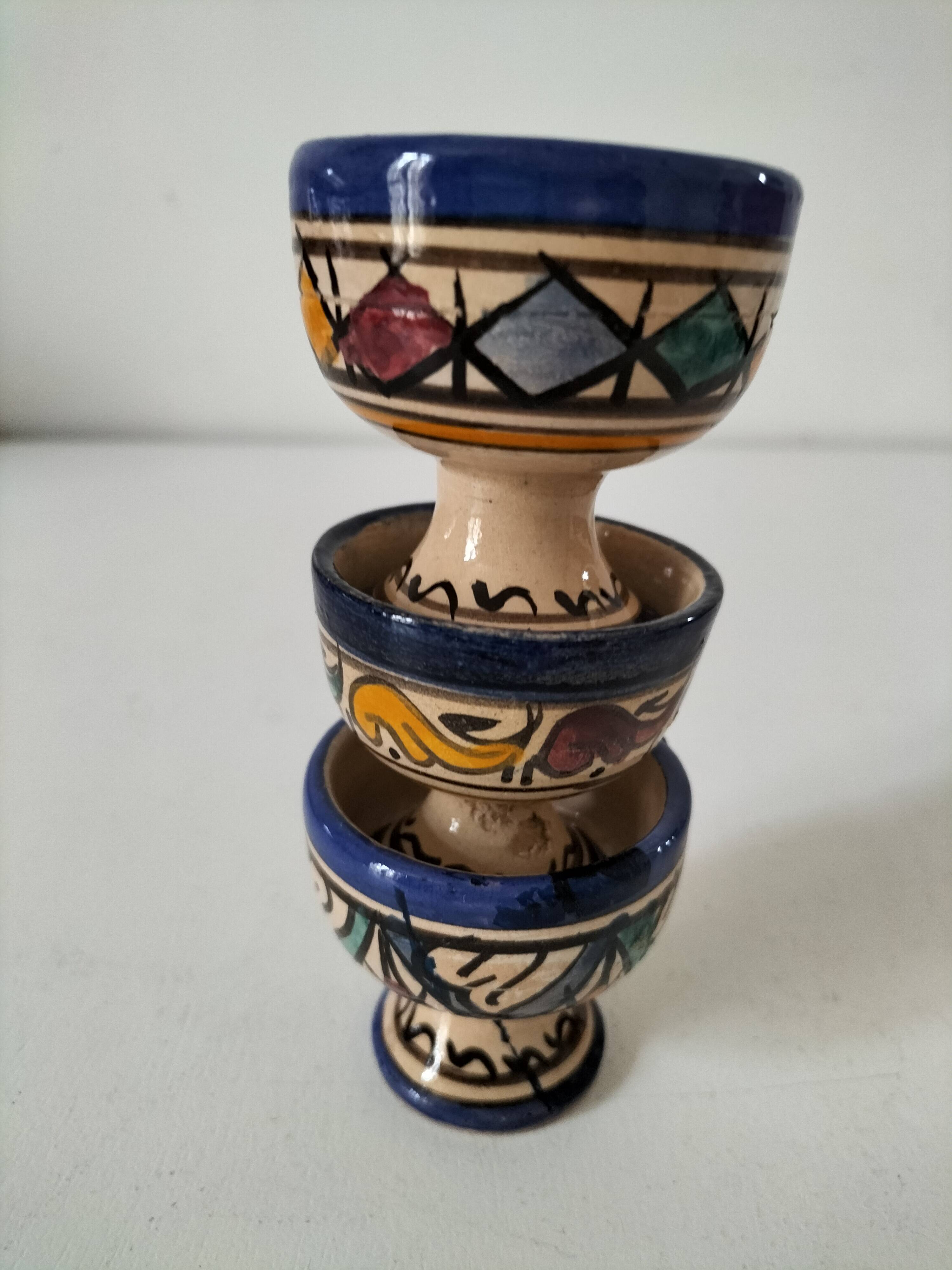 Trio of Moroccan ceramic egg cups from Fez, stamped