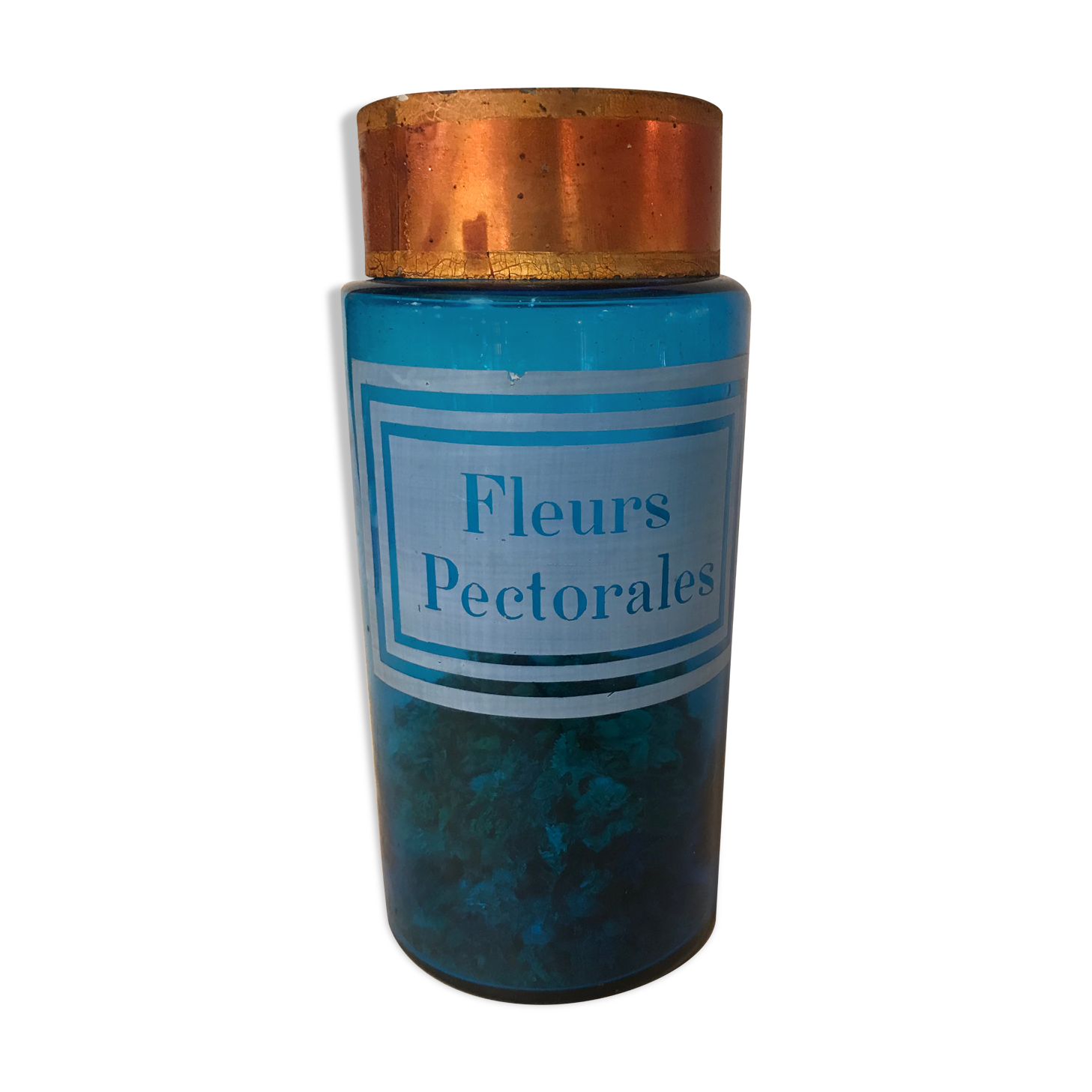 Pot a pharmacie en verre ancien bleu gravé