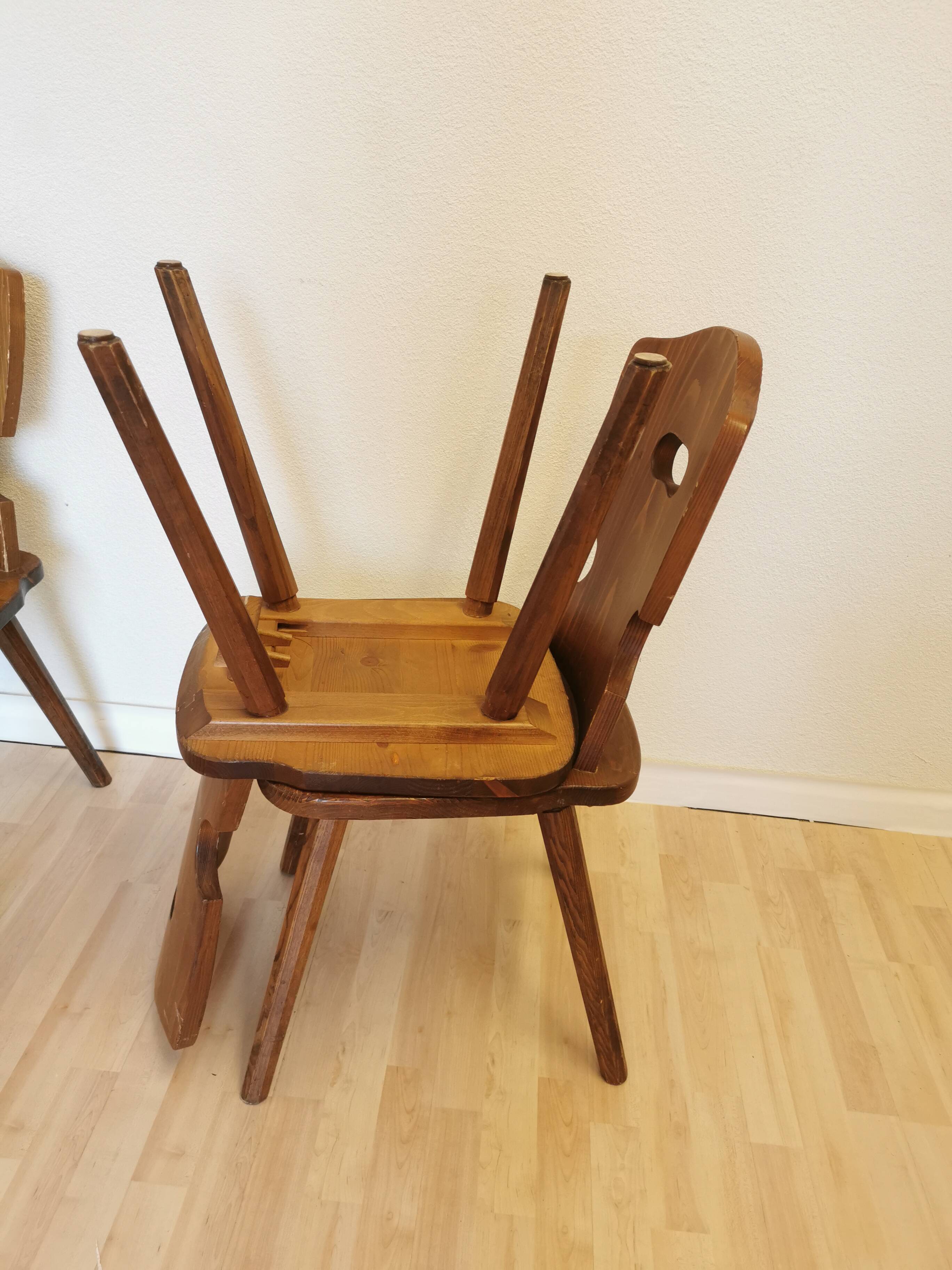 Vintage Tyrolean Wooden Dining Chairs - 1970s Farmhouse Style - Set of 4
